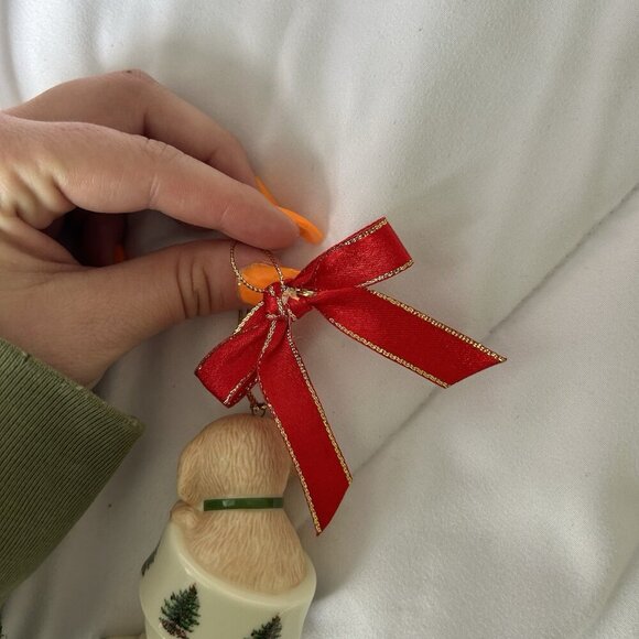 Spode Christmas Tree Ornament Puppy Dog in Stocking 3.25" No Box Bow Red Green - Picture 7 of 8